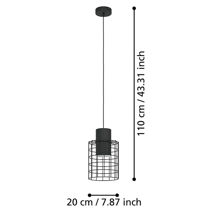 Eglo Pendelleuchte rund MILLIGAN - 40 W, Ø x H: 200 mm x 110 cm, Schwarz/Weiss, E27 - Draufsicht auf eine schwarze Hängelampe im Industriedesign mit Käfigschirm und genauen Maßangaben.