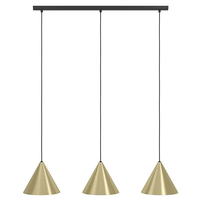 Eglo Pendelleuchte NARICES - 40 W, L x B x H: 92 x 22 x 110 cm, Schwarz, E27 - Eine moderne Schiebetür mit drei goldenen Kegelförmigen Füßen, die einen Hauch von Eleganz in jeden Raum bringt. Ideal für stilvolle Raumtrennung.