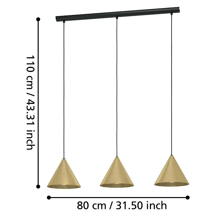 Eglo Pendelleuchte NARICES - 40 W, L x B x H: 92 x 22 x 110 cm, Schwarz, E27 - Abbildung einer goldenen Pendelleuchte mit drei kegelförmigen Schirmen, die an einer schwarzen Stange hängen.