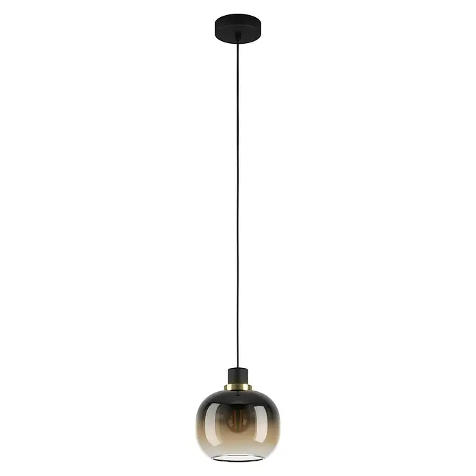 Eglo Pendelleuchte rund OILELLA - 40 W, Ø x H: 190 mm x 110 cm, Schwarz/Braun, E27 - Elegante Hängelampe mit einem runden, bernsteinfarbenen Glasschirm und schwarzen Akzenten, die jedem Raum einen Hauch von Wärme verleiht.