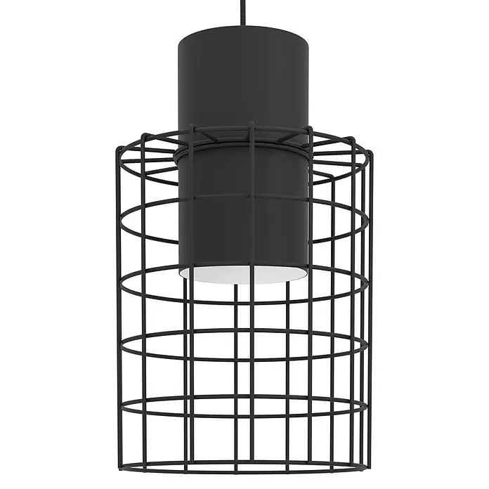 Eglo Pendelleuchte rund MILLIGAN - 40 W, Ø x H: 200 mm x 110 cm, Schwarz/Weiss, E27 - Schwarze Hängelampe mit zylindrischem Lampenschirm und einem schützenden, würfelförmigen Metallkäfig für modernes Design.