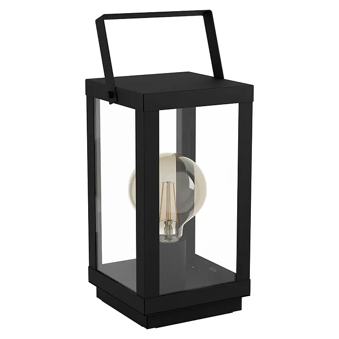 Eglo Deko-Tischleuchte BRADFORD 160 W, L x B x H: 16,5 x 15 x 37 cm, Schwarz, E27 - Schwarze Laterne mit Glaseinsätzen und einer Edison-Glühbirne im Inneren, ideal für stimmungsvolle Beleuchtung im Innen- und Außenbereich.