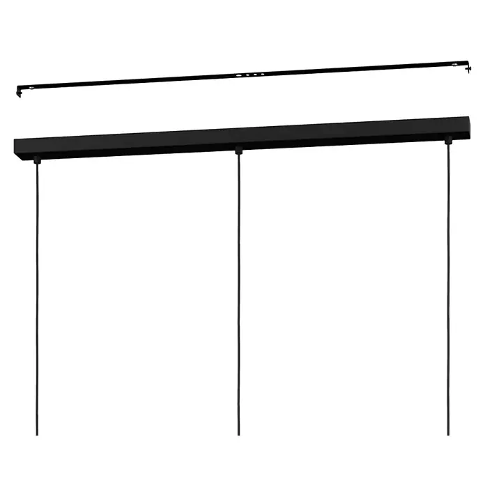 Eglo Pendelleuchte OILELLA - 40 W, L x B x H: 95 x 19 x 110 cm, Schwarz/Messing, E27 - Bild einer schwarzen Flächenvorhang-Garnitur. Dieses moderne Fensterdekor bietet stilvollen Sichtschutz und eine elegante Raumgestaltung.