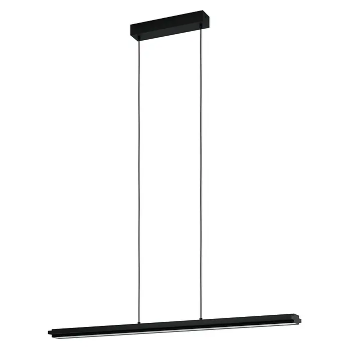Eglo LED-Pendelleuchte CAMBULOS - 34 W, L x B x H: 93,5 x 105 x 110 cm, Schwarz, Warmweiß - Aufnahme einer modernen schwarzen LED-Hängeleuchte mit minimalistischem Design und klaren Linien vor einem dunklen Hintergrund.