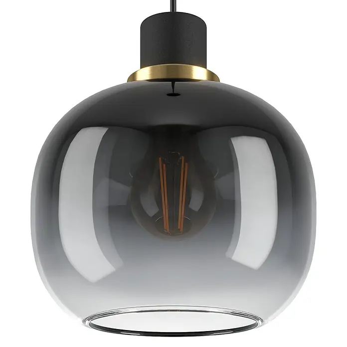 Eglo Pendelleuchte OILELLA - 40 W, L x B x H: 95 x 19 x 110 cm, Schwarz/Messing, E27 - Moderne Hängelampe mit einem kugelförmigen, grau getönten Glasschirm und einem dekorativen goldenen Detail, ideal für stilvolle Beleuchtung.