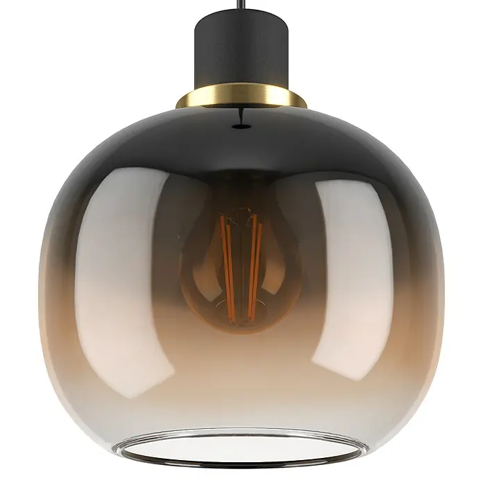 Eglo Pendelleuchte rund OILELLA - 40 W, Ø x H: 190 mm x 110 cm, Schwarz/Braun, E27 - Nahaufnahme einer stilvollen Pendelleuchte mit kugelförmigem Glasschirm in Schwarz und Gold, die ein warmes, modernes Ambiente ausstrahlt.