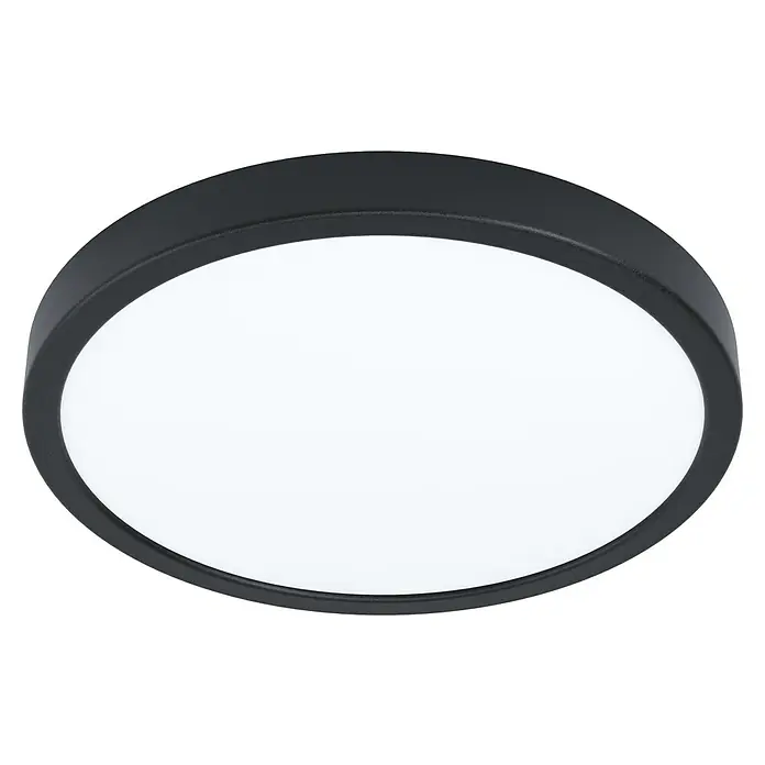 Eglo Fueva 5 LED-Deckenleuchte rund - Ø x H: 28,5 x 2,8 cm, 20 W, Schwarz, Neutralweiß - Abbildung einer runden, schwarzen Deckenleuchte mit einem weißen Diffusor, die ein modernes und elegantes Design für Innenräume bietet.