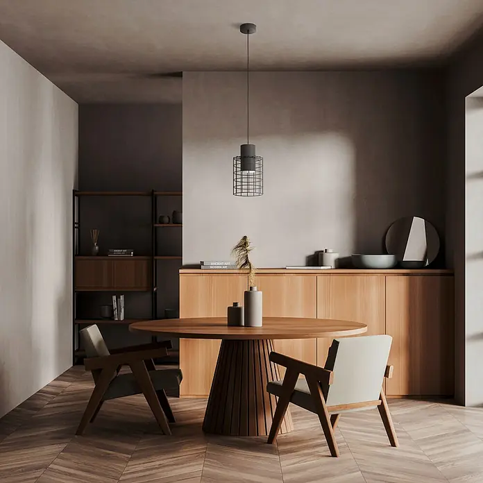 Eglo Pendelleuchte rund MILLIGAN - 40 W, Ø x H: 200 mm x 110 cm, Schwarz/Weiss, E27 - Ein minimalistischer Essbereich mit einem runden Holztisch, modernen Stühlen und einer Hängelampe, die eine gemütliche Atmosphäre schafft.