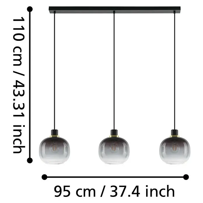 Eglo Pendelleuchte OILELLA - 40 W, L x B x H: 95 x 19 x 110 cm, Schwarz/Messing, E27 - Abmessungen der Pendelleuchte mit drei Glaskugeln: 110 cm hoch und 95 cm breit.