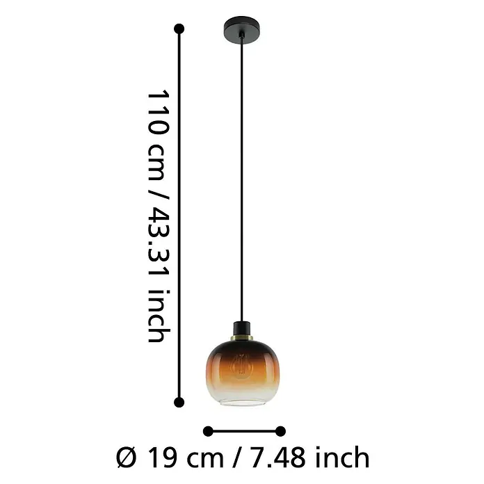Eglo Pendelleuchte rund OILELLA - 40 W, Ø x H: 190 mm x 110 cm, Schwarz/Braun, E27 - Abbildung einer Hängelampe in rauchfarbenem Glasdesign mit den Maßen 110 cm Höhe und 19 cm Durchmesser.