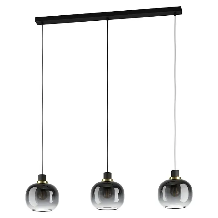 Eglo Pendelleuchte OILELLA - 40 W, L x B x H: 95 x 19 x 110 cm, Schwarz/Messing, E27 - Moderne Hängelampe mit drei grauen Glasschirmen und schwarzer Aufhängung für stilvolle Beleuchtung.