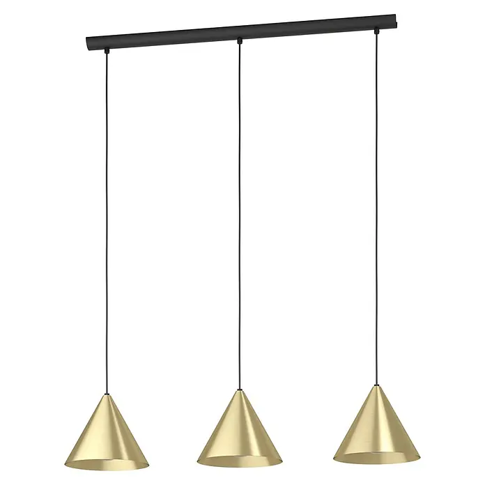 Eglo Pendelleuchte NARICES - 40 W, L x B x H: 92 x 22 x 110 cm, Schwarz, E27 - Eine stilvolle Hängelampe mit drei goldenen Kegel-Lampenschirmen, die von einer schwarzen Stange herabhängen. Perfekt für modernes Design.