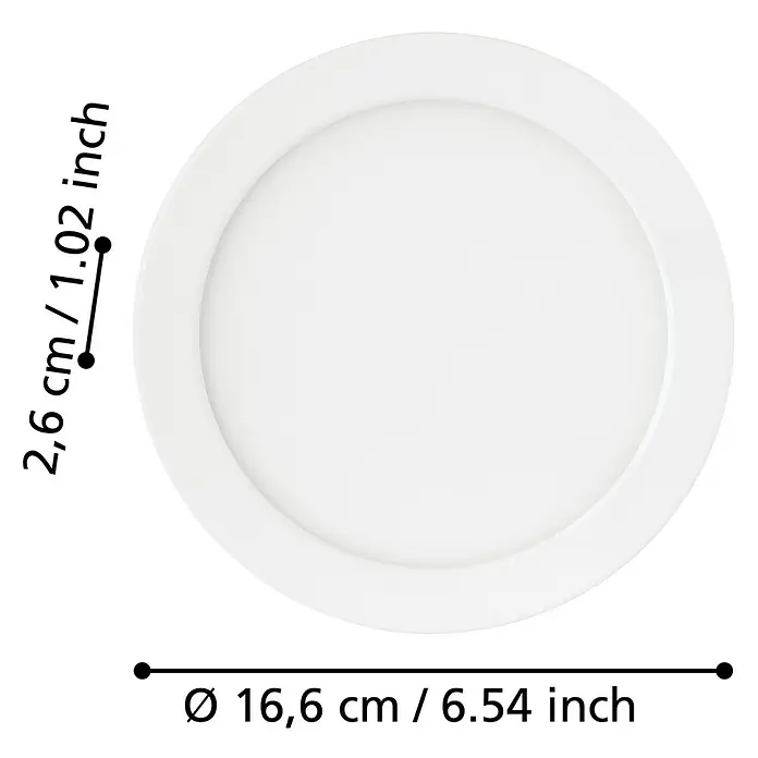 Eglo Fueva 5 LED-Einbauspot - 10,5 W, Warmweiß, Weiß, Ø x H: 16,6 x 2,6 cm, IP44 - Produktansicht: Weiße Schale mit den Maßen 2,6 cm Höhe und 16,6 cm Durchmesser zur Verwendung in diversen Produkten.