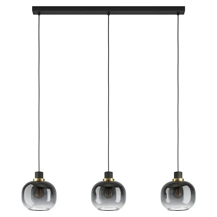Eglo Pendelleuchte OILELLA - 40 W, L x B x H: 95 x 19 x 110 cm, Schwarz/Messing, E27 - Diese stilvolle Hängeleuchte mit drei Glaslampenschirmen in Grau ist ein echter Hingucker für jedes moderne Zuhause.