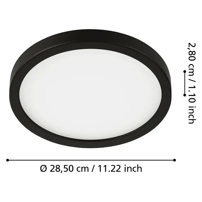 Eglo Fueva 5 LED-Deckenleuchte rund - Ø x H: 28,5 x 2,8 cm, 20 W, Schwarz, Neutralweiß - Produktbild einer runden, schwarzen Deckenleuchte mit den Maßen 28,50 cm Durchmesser und 2,80 cm Höhe.