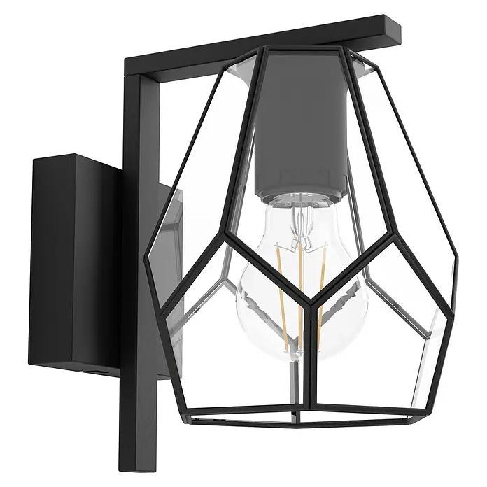 Eglo Mardyke Wandleuchte MARDYKE - 40 W, L x B x H: 145 x 0 x 205 cm, Schwarz, E27 - Nahaufnahme einer schwarzen Wandleuchte mit geometrischem Glasschirm und Edison-Glühbirne, die ein modernes und industrielles Design zeigt.