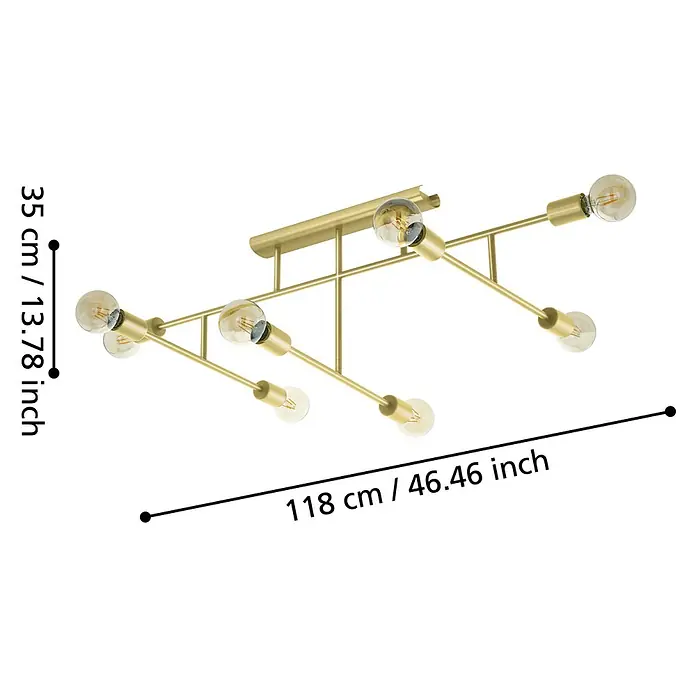 Eglo Deckenleuchte BELSIANA 1 - 40 W, L x B x H: 118 x 38 x 35 cm, Messing gebürstet, E27 - Produktbild einer stilvollen Deckenleuchte in Goldoptik mit Maßen von 35 cm Höhe und 118 cm Breite zur besseren Einschätzung der Größe.