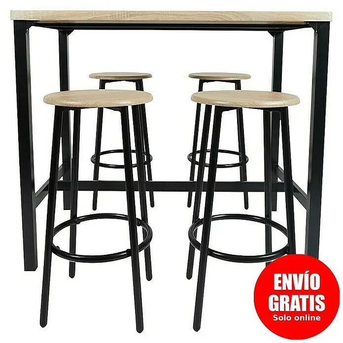 Home Deco Factory Mesa alta con taburetes Loka - L x An x Al: 60 x 100 x 86 cm, Marrón/Negro - Imagen de un conjunto de bar con una mesa y cuatro taburetes. El conjunto tiene un acabado de madera clara y estructuras de metal negro.