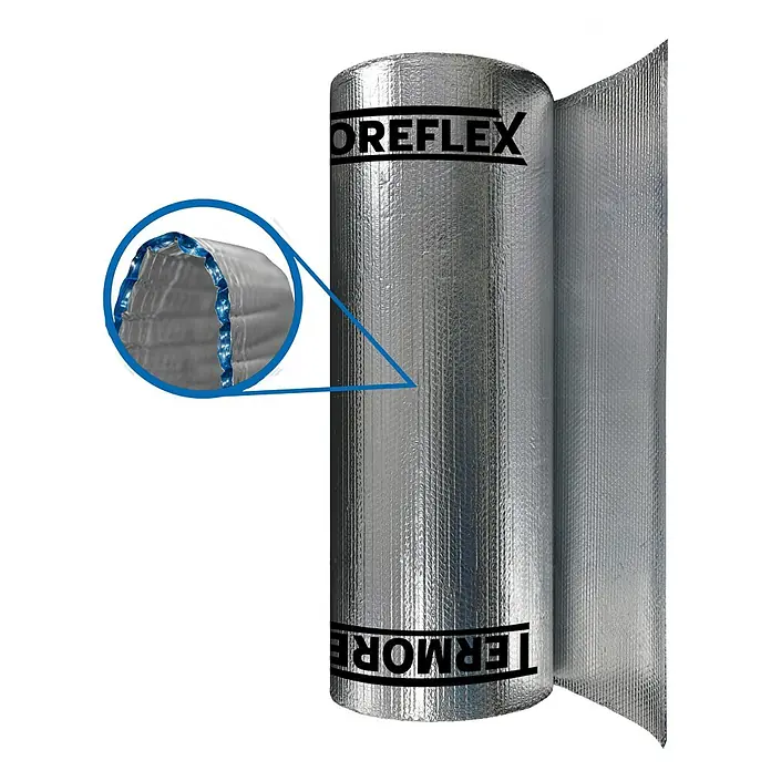 Bur2000 Aislamiento térmico Termoreflex 10 - 1,2 x 25 m, 30 m² - Rollo de material aislante Thermoreflex con una vista detallada de los cojines de aire azules.