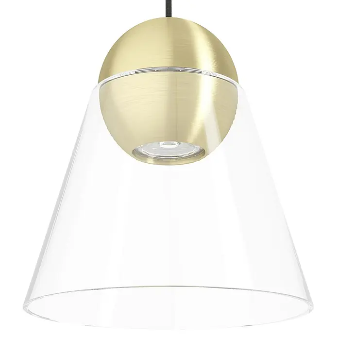 Eglo Pendelleuchte rund CERASELLA - 4,5 W, Ø x H: 200 mm x 110 cm, Messing-gebürstet, GU10 - Diese Aufnahme zeigt eine moderne Pendelleuchte mit einem goldfarbenen Schirm und einem transparenten, konisch geformten Lampenschirm.