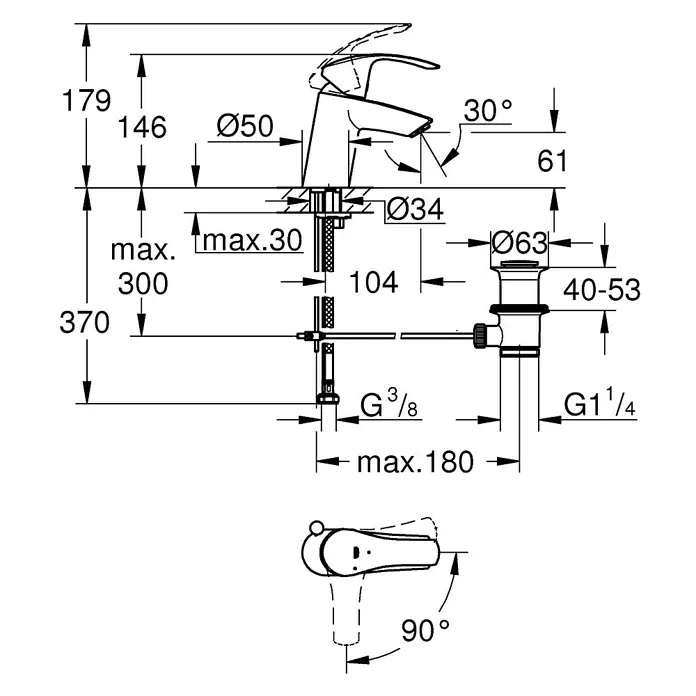 Grohe Eurosmart Grifo de lavabo - Cromo, Brillante, Con tirante, Arranque en agua fría - Dibujo dimensional detallado de un grifo con especificaciones de altura, diámetro y ángulo para la instalación en el baño.
