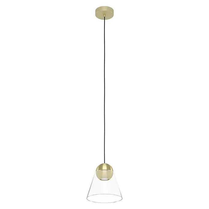 Eglo Pendelleuchte rund CERASELLA - 4,5 W, Ø x H: 200 mm x 110 cm, Messing-gebürstet, GU10 - Goldene Hängelampe mit transparentem Lampenschirm und schwarzem Kabel für eine stilvolle Beleuchtung.