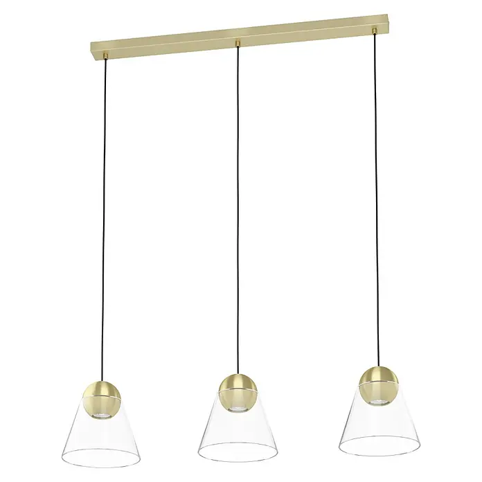 Eglo Pendelleuchte CERASELLA - 13,5 W, L x B x H: 90 x 20 x 110 cm, Messing-gebürstet, GU10 - Elegante Hängelampe mit drei Glasleuchten und goldenen Akzenten, die jedem Raum einen Hauch von modernem Luxus verleiht.