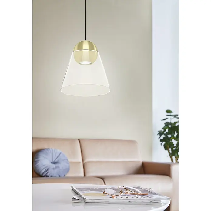 Eglo Pendelleuchte rund CERASELLA - 4,5 W, Ø x H: 200 mm x 110 cm, Messing-gebürstet, GU10 - Elegante Hängelampe mit einem goldenen Kopf und einem transparenten, konischen Lampenschirm. Schafft eine moderne und stilvolle Atmosphäre.
