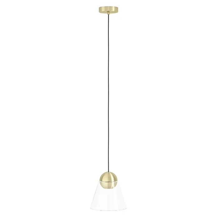 Eglo Pendelleuchte rund CERASELLA - 4,5 W, Ø x H: 200 mm x 110 cm, Messing-gebürstet, GU10 - Elegante Pendelleuchte mit goldenen Akzenten und weißem Lampenschirm, die ein modernes Design für Ihr Zuhause bietet.