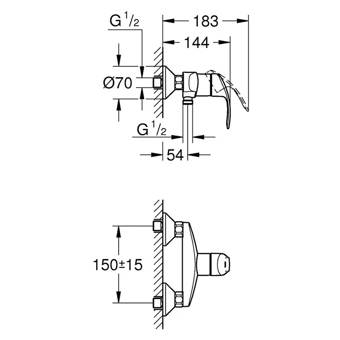Grohe Eurosmart Brausearmatur - Chrom, Glänzend - Eine detaillierte Zeichnung einer Armatur mit Maßangaben für die Installation.