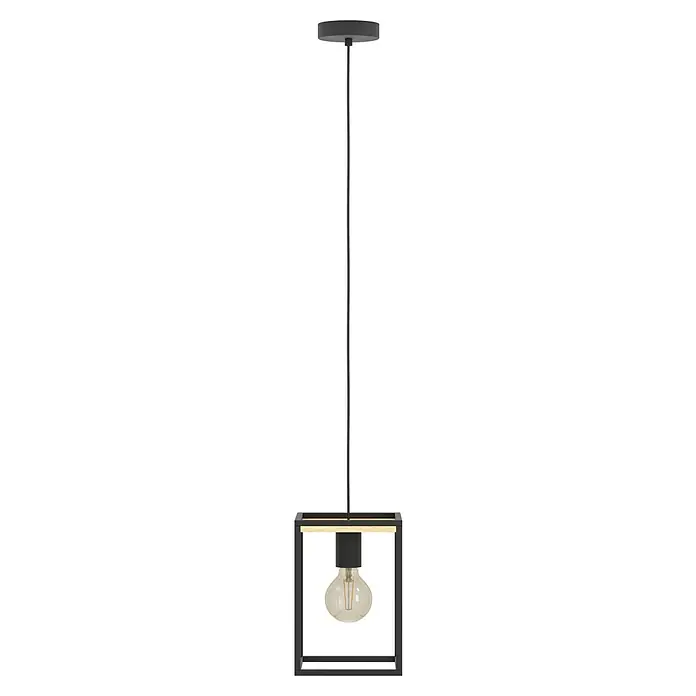 Eglo Lámpara colgante - 40 W, L x An x Al: 18 x 18 x 110 cm, Negro/Marrón, E27 - Una elegante lámpara colgante con un marco cuadrado, una línea de acento dorada y una bombilla Edison.
