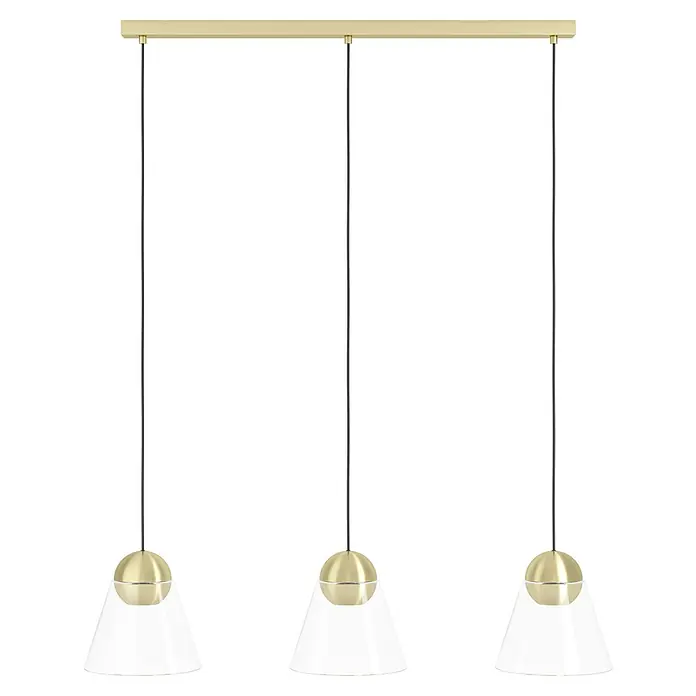 Eglo Pendelleuchte CERASELLA - 13,5 W, L x B x H: 90 x 20 x 110 cm, Messing-gebürstet, GU10 - Diese Aufnahme zeigt eine Pendelleuchte mit drei Lampenschirmen in Weiß und Gold, die von einer rechteckigen goldenen Basis hängen.