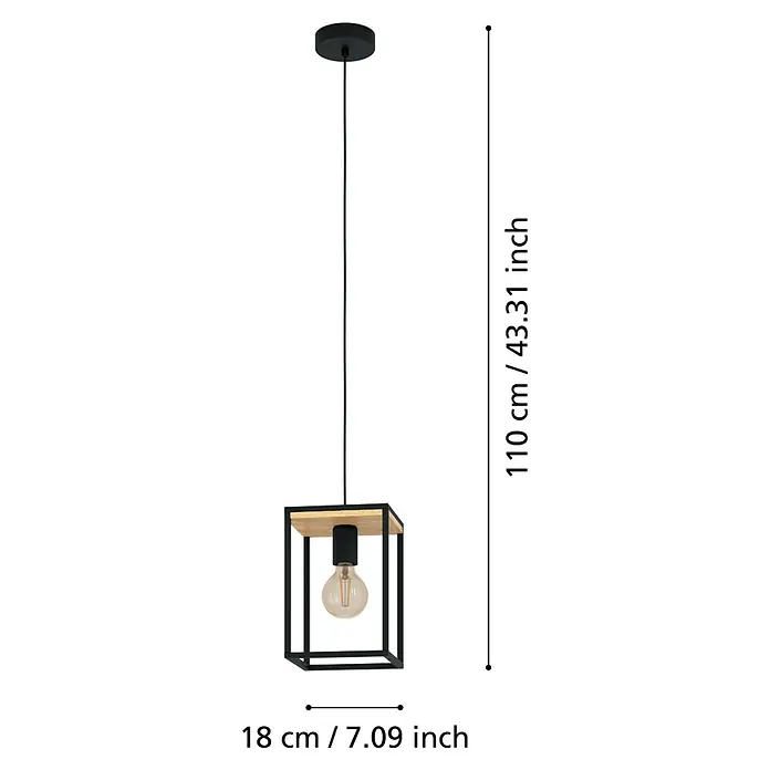 Eglo Lámpara colgante - 40 W, L x An x Al: 18 x 18 x 110 cm, Negro/Marrón, E27 - Lámpara colgante negra con elementos de madera. La lámpara tiene una altura total de 110 cm y un ancho de 18 cm.