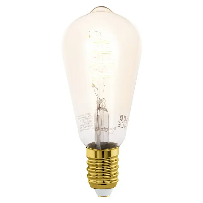 Eglo connect.z Smart-LED-Lampe Zigbee CCT - E27, Dimmbar, Warmweiß, 400 lm, 4,9 W - Nahaufnahme einer Zigbee-Glühbirne mit goldenem Sockel und sichtbarem Glühfaden. Elegante Beleuchtung für Ihr Zuhause mit smarter Technologie.