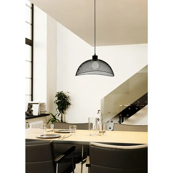 Eglo Pendelleuchte POMPEYA - 60 W, L x B x H: 45 x 44 x 110 cm, Schwarz, E27 - Moderne Pendelleuchte mit schwarzem Metalldrahtschirm über Esstisch. Das minimalistische Design sorgt für stilvolle Beleuchtung im Raum.