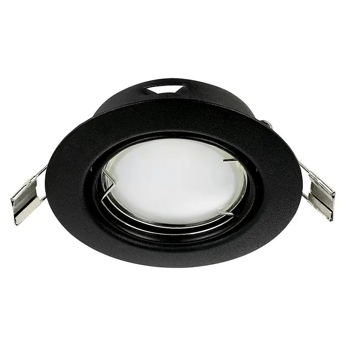 Eglo LED-Einbauleuchte PENETO - Warmweiß, Durchmesser: 8,7 cm, 1 Stk. - Nahaufnahme einer schwarzen, runden Einbauleuchte mit silbernen Halteklammern und einer weißen Glühbirne.