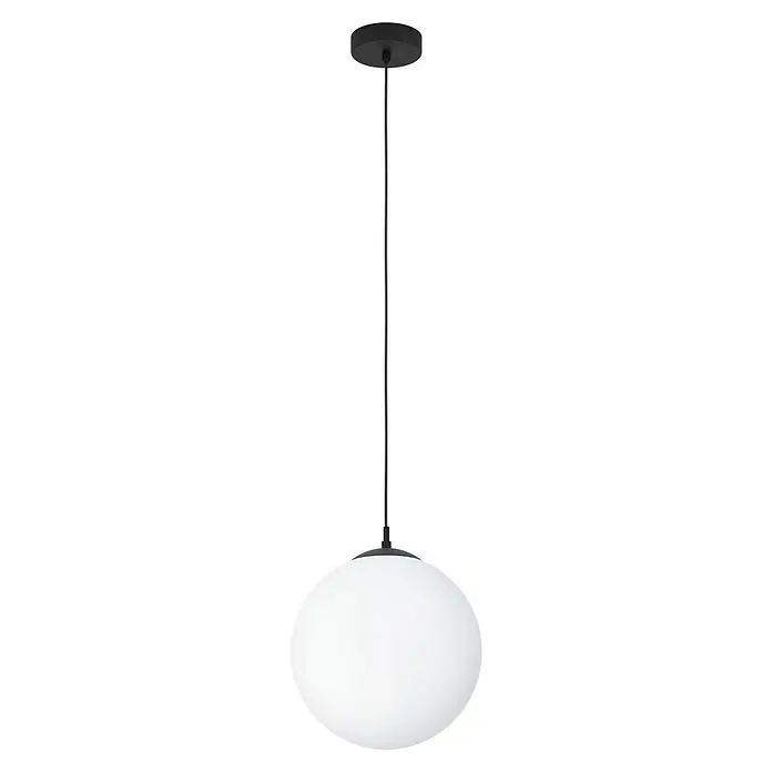 Eglo Pendelleuchte RONDO 3 - 40 W, Schwarz, E27 - Eine stilvolle Hängeleuchte mit einem mattschwarzen Finish und einem runden, weißen Glasschirm für eine sanfte Beleuchtung.