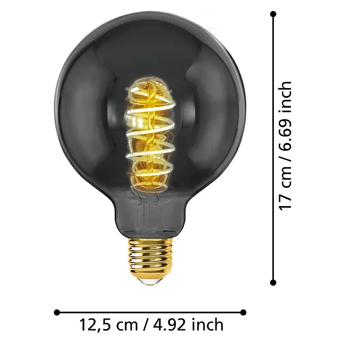 Eglo LED-Lampe - E27, Dimmbar, Warmweiß, 100 lm, 4 W - Produktbild einer großen, grauen Glühbirne mit goldenem Sockel und sichtbarem Glühfaden. Die Maße sind angezeigt.