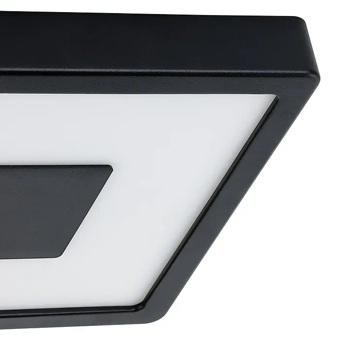 Eglo LED-Deckenleuchte ARGOLIS 2 - Farbe Gehäuse: Schwarz, IP44 - Nahaufnahme einer schwarzen Deckenleuchte mit einem modernen Design und einem weißen, diffusen Lichtelement für eine stilvolle Beleuchtung.