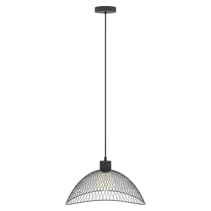 Eglo Pendelleuchte POMPEYA - 60 W, L x B x H: 45 x 44 x 110 cm, Schwarz, E27 - Eine Hängeleuchte mit einem Lampenschirm aus Drahtgeflecht und einer länglichen Aufhängung.