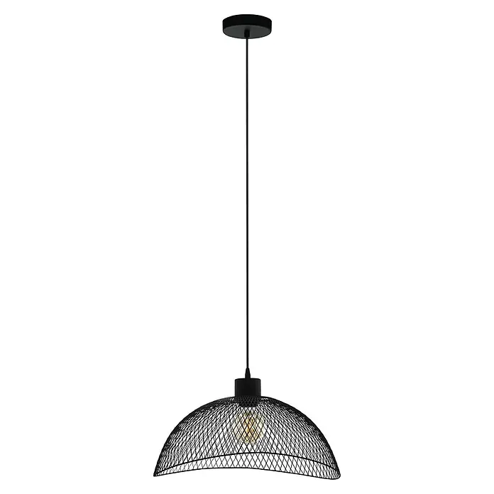 Eglo Pendelleuchte POMPEYA - 60 W, L x B x H: 45 x 44 x 110 cm, Schwarz, E27 - Eine schwarze Hängeleuchte mit einem auffälligen, netzartigen Lampenschirm und einem dekorativen Leuchtmittel, die einen modernen Akzent setzt.