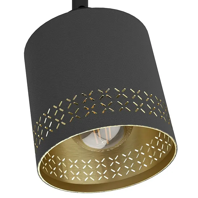 Eglo Esteperra Deckenstrahler ESTEPERRA - 56 W, Schwarz, E27, 2 Stk. - Nahaufnahme einer modernen Deckenleuchte mit einem grauen Lampenschirm und goldenen Akzenten, die ein warmes, einladendes Licht spendet.