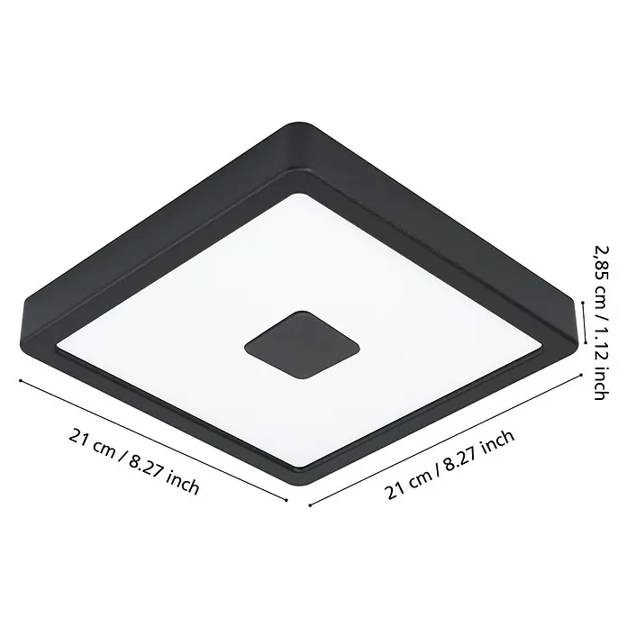 Eglo LED-Deckenleuchte ARGOLIS 2 - Farbe Gehäuse: Schwarz, IP44 - Abmessungen der quadratischen LED-Deckenleuchte in Anthrazit mit zentralem Quadrat: 21 x 21 cm, Höhe 2,85 cm.