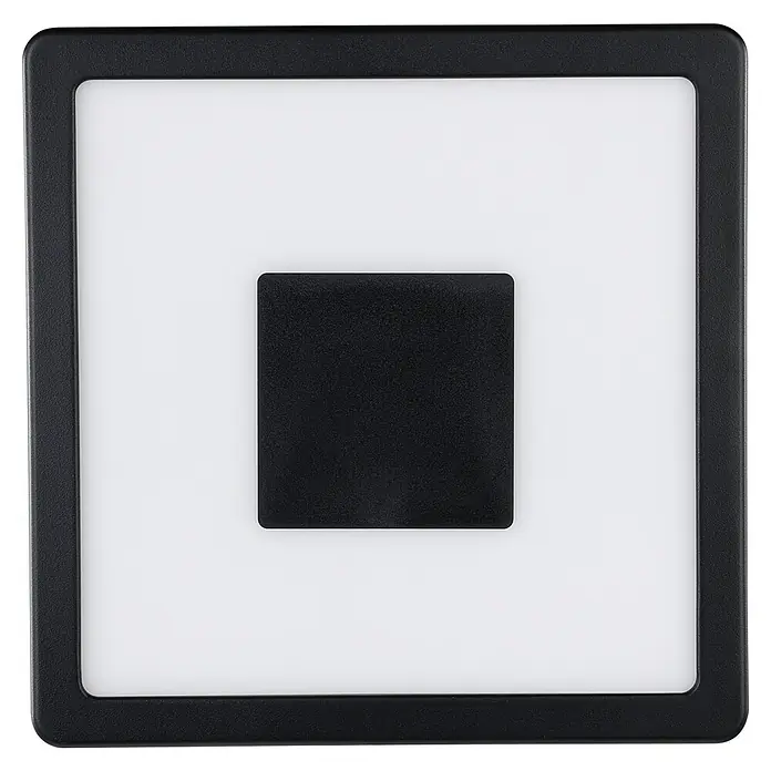 Eglo LED-Deckenleuchte ARGOLIS 2 - Farbe Gehäuse: Schwarz, IP44 - Schwarzer quadratischer Rahmen mit abgerundeten Ecken und weißem Innenraum, mit einem erhöhten schwarzen Quadrat in der Mitte.