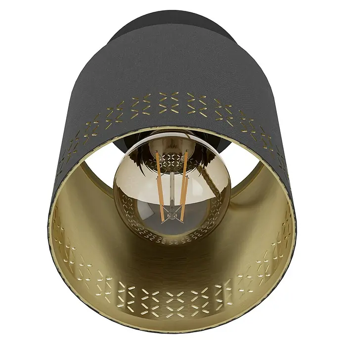 Eglo Esteperra Deckenstrahler ESTEPERRA - 28 W, Schwarz, E27, 1 Stk. - Nahaufnahme einer stilvollen grauen Deckenleuchte mit goldener Innenseite und dekorativen Ausschnitten, die ein warmes Licht abgibt.