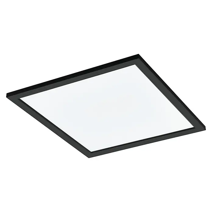 Eglo connect.z LED-Panel Salobrena - 21,5 W, L x B x H: 45 x 45 x 5 cm, Schwarz, Mehrfarbig - Nahaufnahme einer quadratischen LED-Deckenleuchte mit schwarzem Rahmen und hellweißer Lichtfläche für moderne Innenräume.
