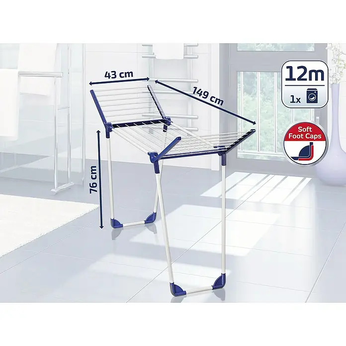 Leifheit Flügel-Wäscheständer Pegasus 120 Solid Bath - Länge Wäscheleine: 12 m, L x B x H: 149 x 43 x 76 cm, Weiß/Blau - Wäscheständer mit den Maßen 43 cm x 149 cm und einer Höhe von 76 cm, ideal zum Trocknen von Wäsche im Innenbereich.