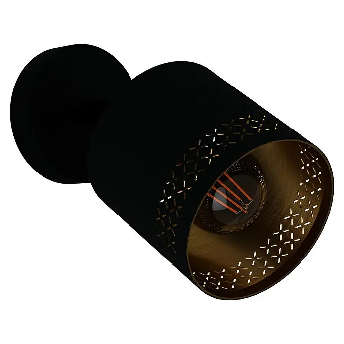 Eglo Esteperra Deckenstrahler ESTEPERRA - 28 W, Schwarz, E27, 1 Stk. - Nahaufnahme einer schwarzen Wandlampe mit goldenem Innenraum und dekorativen Aussparungen für stimmungsvolle Beleuchtung.