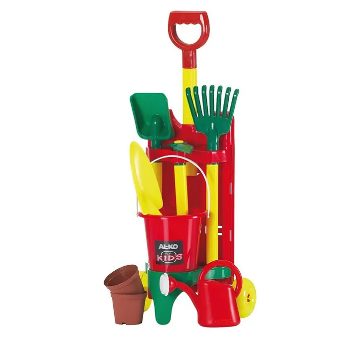 AL-KO Gartenspielgerät Mini Garden Set - Kunststoff, 6 -tlg. - Fröhlicher, farbenfroher Kinderspielzeug-Gartenwagen mit Eimer, Schaufel, Harke, Gießkanne und Pflanztöpfen für junge Gärtner.
