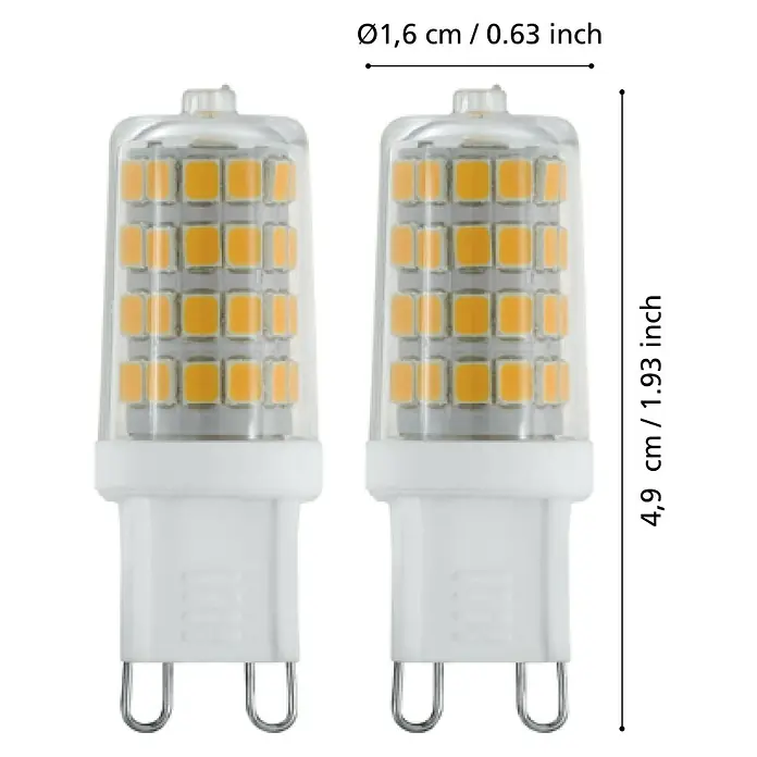 Eglo LED-Lampen Set - G9, Nicht Dimmbar, Warmweiß, 320 lm, 3 W, 2 Stk. - Abbildung von zwei G4 LED Lampen mit den Maßen 1,6 cm Durchmesser und 4,9 cm Höhe zur Illustration der Produktabmessungen.